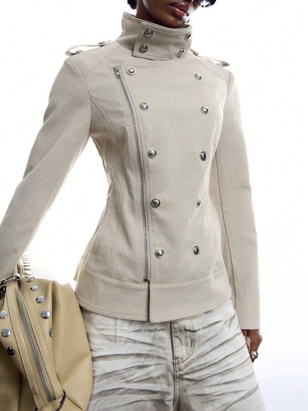 Apricot Casual Women's Sexy Grunge Stand Collar Double-Breasted Jacket